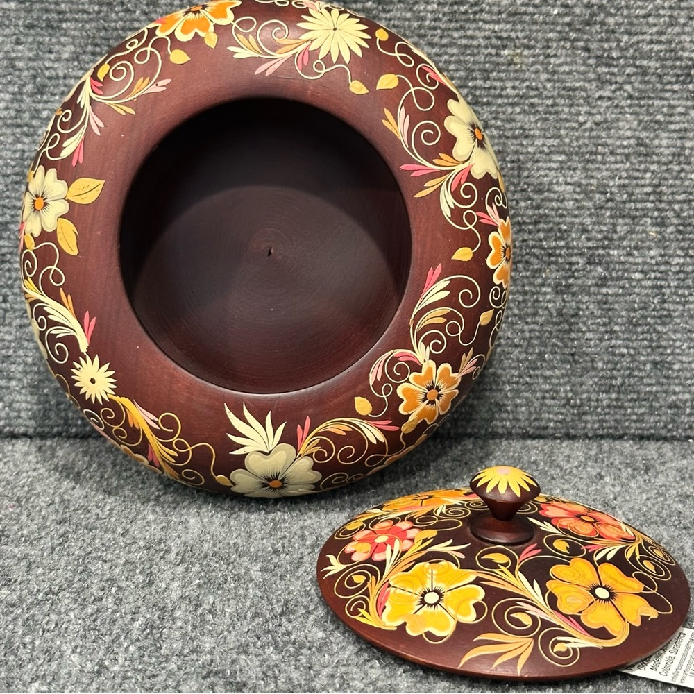 Tole painted wooden box with lid 8” round floral artisan bohemian storage NWT - Picture 4 of 8